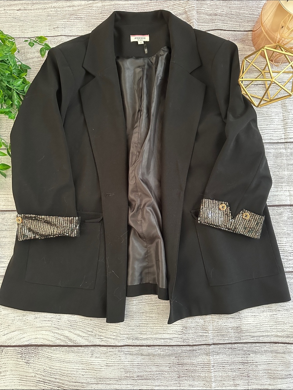ANDREE BY UNIT Black Open-Front Blazer with Sequin Cuffs
